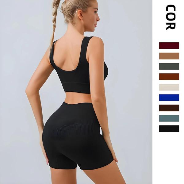 Imagem de Conjunto de Yoga Feminino Sem Costura - Top, Sutiã e Leggings com Detalhes em Nervuras