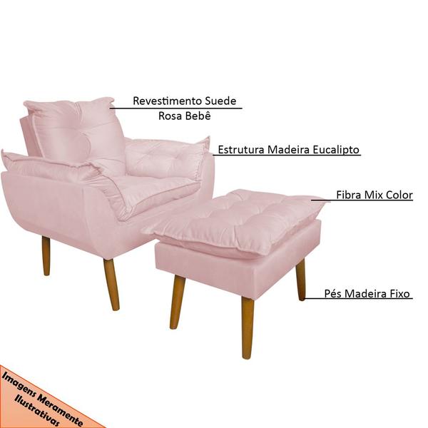 Imagem de Conjunto Decorativo Poltrona com Puff Opala Suede Rosa Claro - Montanaris Decor