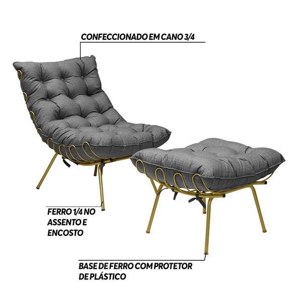 Imagem de Conjunto Decorativo Poltrona e Puff Abel Base de Ferro Dourada Linho Grafite G41 - Gran Belo