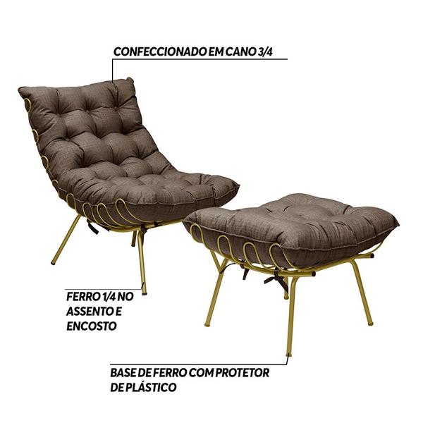 Imagem de Conjunto Decorativo Poltrona e Puff Abel Base de Ferro Dourada Linho Marrom G41 - Gran Belo