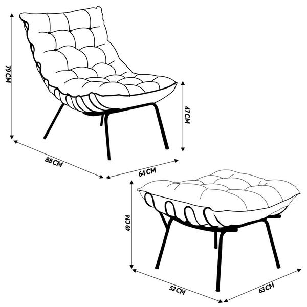 Imagem de Conjunto Decorativo Poltrona e Puff Abel Base de Ferro Dourada Suede Cinza G41 - Gran Belo