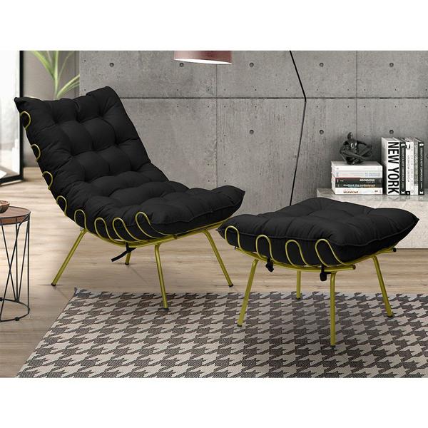 Imagem de Conjunto Decorativo Poltrona e Puff Abel Base de Ferro Dourada Veludo Preto G41 - Gran Belo