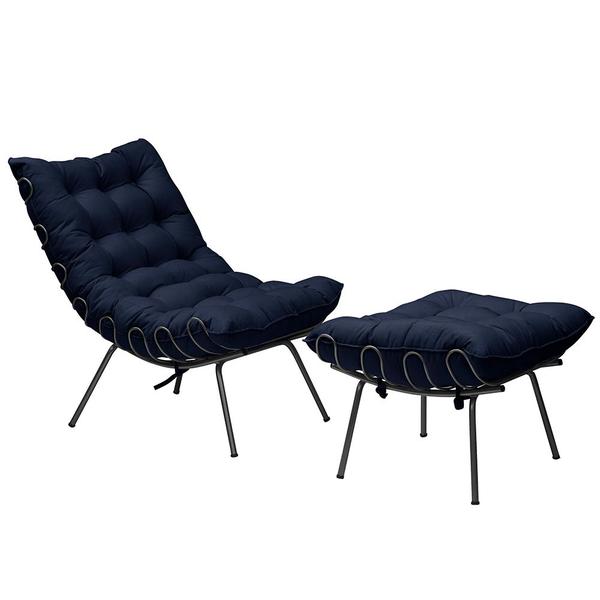 Imagem de Conjunto Decorativo Poltrona e Puff Abel Base de Ferro Preto Veludo Azul G41 - Gran Belo