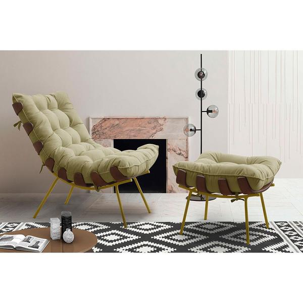 Imagem de Conjunto Decorativo Poltrona e Puff Abel Base de Madeira Dourada Veludo Bege G41 - Gran Belo