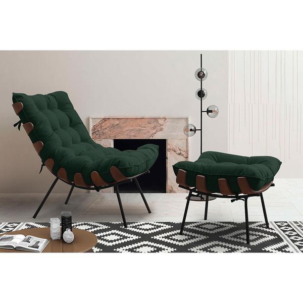 Imagem de Conjunto Decorativo Poltrona e Puff Abel Base de Madeira Preto Suede Verde G41 - Gran Belo