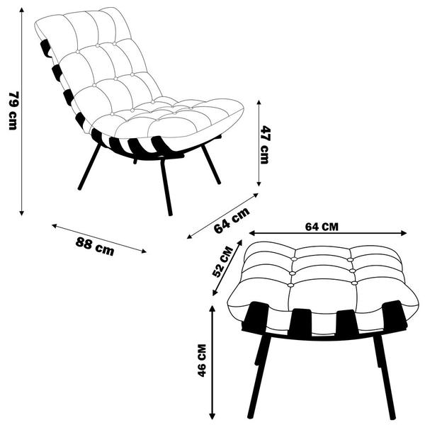 Imagem de Conjunto Decorativo Poltrona e Puff Abel Base de Madeira Preto Veludo Bege G41 - Gran Belo