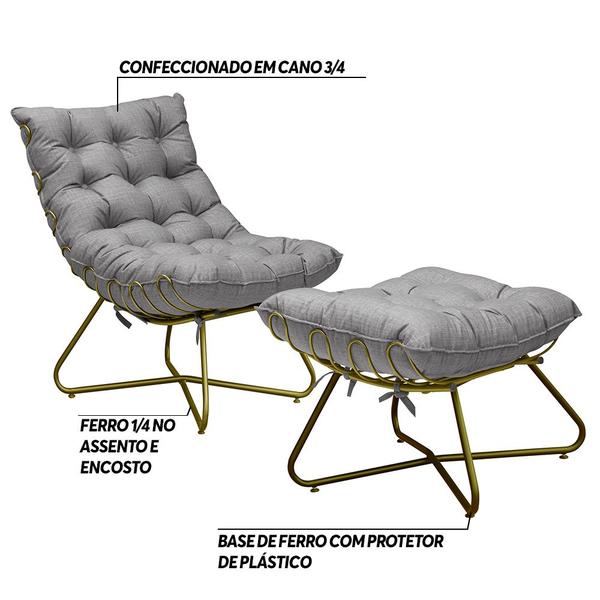 Imagem de Conjunto Decorativo Poltrona e Puff Caim Base de Ferro Dourado Linho Cinza Claro G41 - Gran Belo