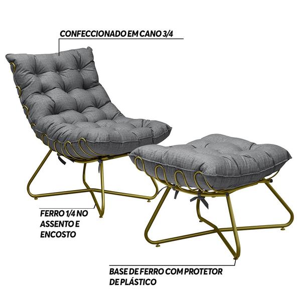 Imagem de Conjunto Decorativo Poltrona e Puff Caim Base de Ferro Dourado Linho Cinza G41 - Gran Belo