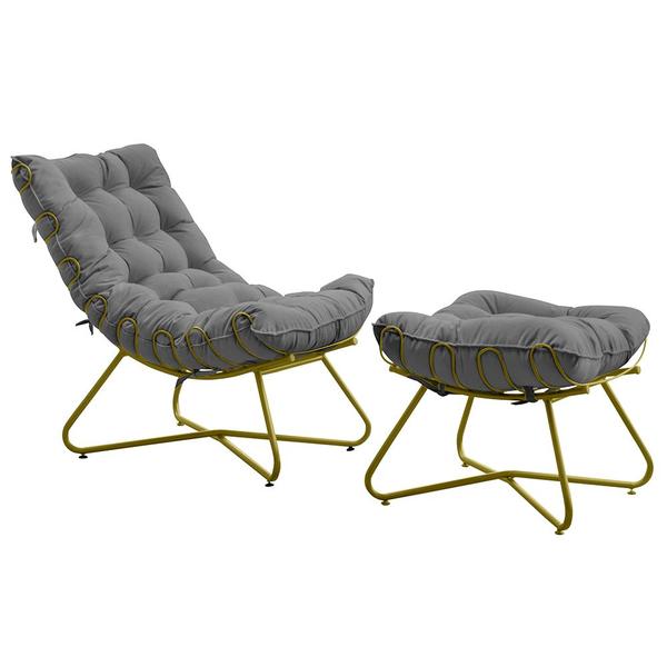 Imagem de Conjunto Decorativo Poltrona e Puff Caim Base de Ferro Dourado Suede Cinza G41 - Gran Belo