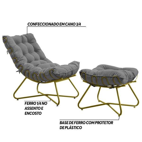 Imagem de Conjunto Decorativo Poltrona e Puff Caim Base de Ferro Dourado Suede Cinza G41 - Gran Belo