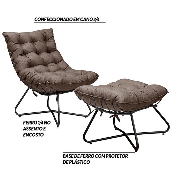 Imagem de Conjunto Decorativo Poltrona e Puff Caim Base de Ferro Preto Linho Marrom G41 - Gran Belo