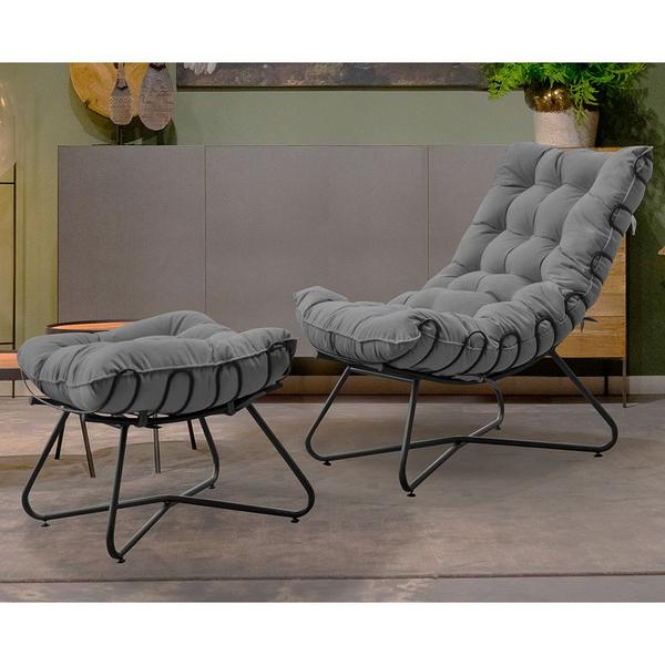 Imagem de Conjunto Decorativo Poltrona e Puff Caim Base de Ferro Preto Suede Cinza G41 - Gran Belo