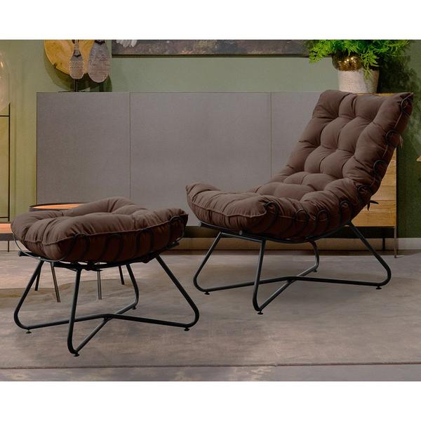 Imagem de Conjunto Decorativo Poltrona e Puff Caim Base de Ferro Preto Suede Marrom G41 - Gran Belo