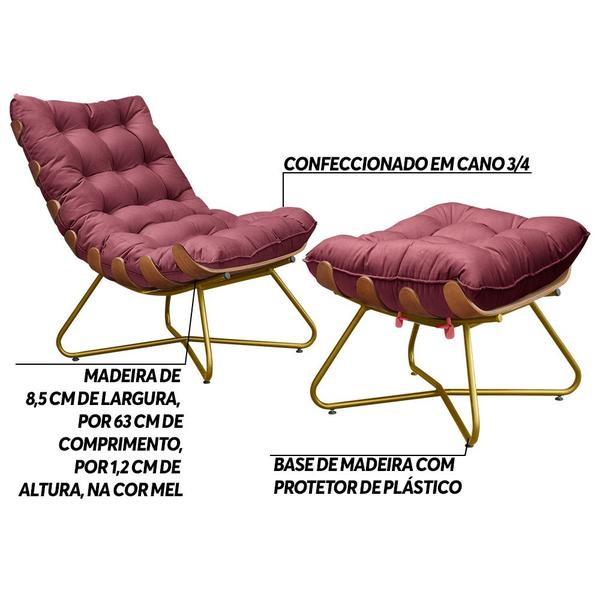 Imagem de Conjunto Decorativo Poltrona e Puff Caim Base de Madeira Dourada Suede Bordô G41 - Gran Belo