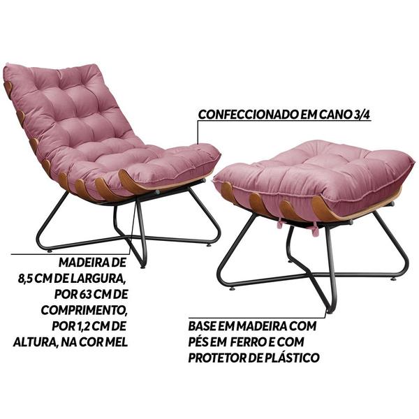 Imagem de Conjunto Decorativo Poltrona e Puff Caim Base de Madeira Preto Suede Rosa G41 - Gran Belo