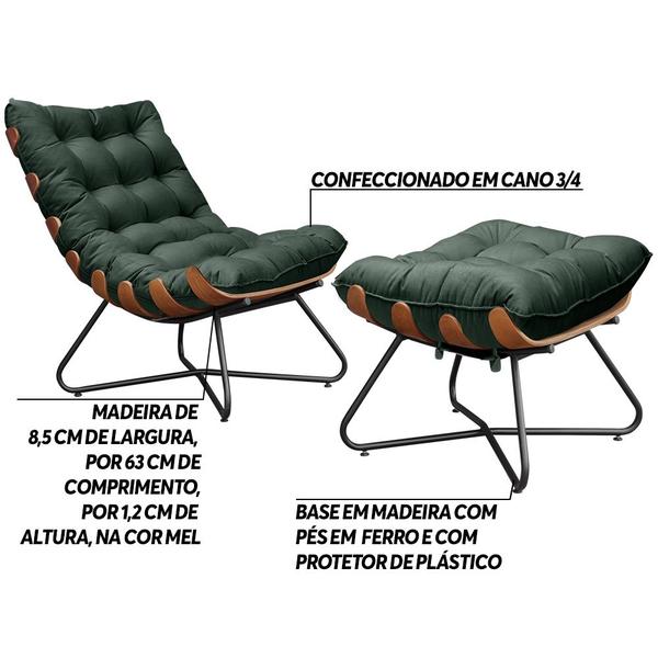 Imagem de Conjunto Decorativo Poltrona e Puff Caim Base de Madeira Preto Suede Verde G41 - Gran Belo