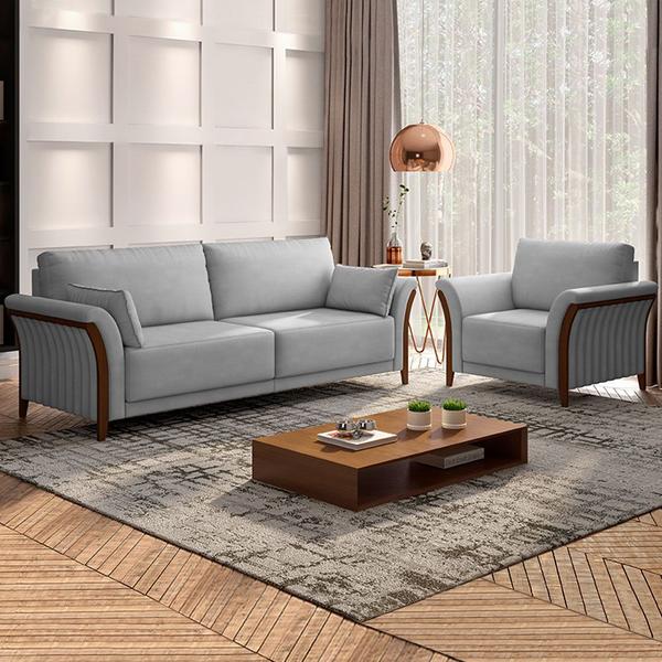 Imagem de Conjunto Decorativo Poltrona e Sofá 222cm Market Veludo Cinza G45 - Gran Belo