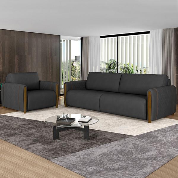 Imagem de Conjunto Decorativo Poltrona e Sofá 223cm Maceió PU Preto G45 - Gran Belo