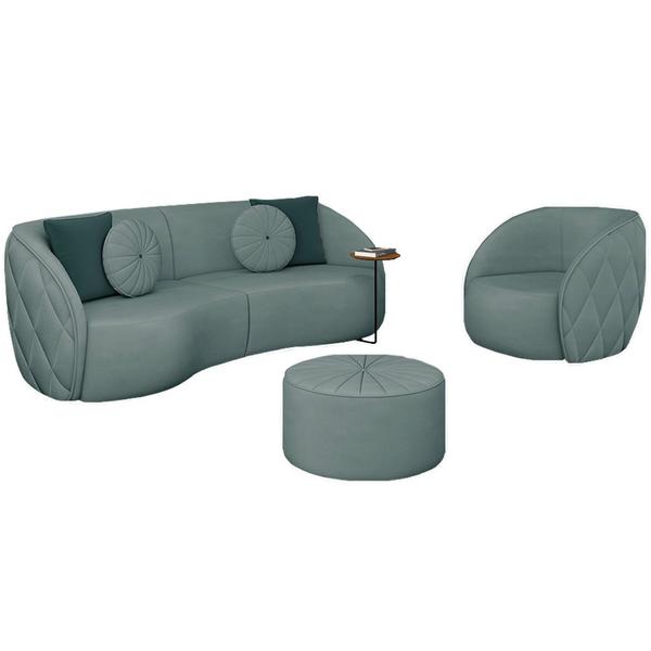 Imagem de Conjunto Decorativo Sofá 240cm e Poltrona Clarke com Puff Round Veludo Azul Turquesa G45 - Gran Belo