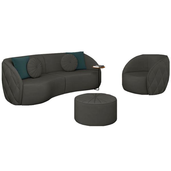 Imagem de Conjunto Decorativo Sofá 240cn e Poltrona Clarke com Puff Round Veludo Cinza G45 - Gran Belo