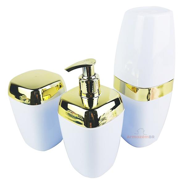 Imagem de Conjunto Dispenser Sabonete + Suporte Escova Dente + Porta Algodão Banheiro Dourado Branco - AMZ