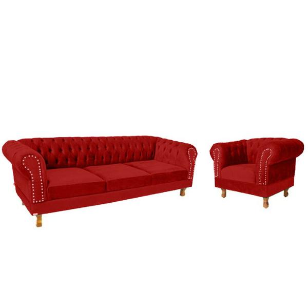 Imagem de Conjunto Duque Sofa Chesterfield 2.30 + 1 Poltrona Suede Vermelho Sala Recepcao Barbearia