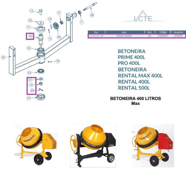 Imagem de Conjunto eixo central P/ Betoneira Rental 400L - Menegotti