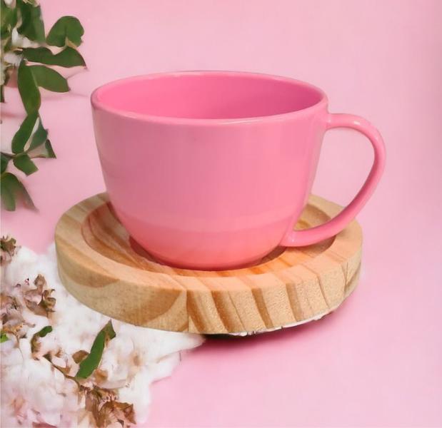 Imagem de Conjunto Elegante Com 6 Xícaras Acrílica Rosa 170 Ml Com Pires de Madeira