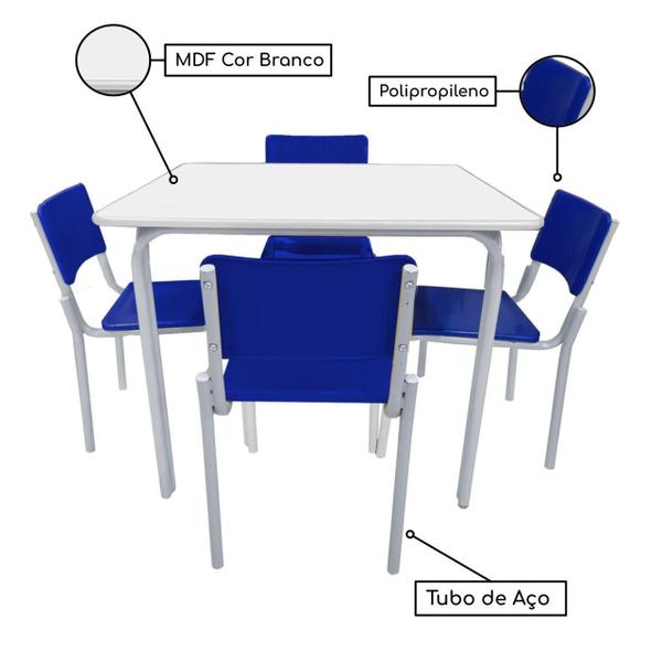 Imagem de Conjunto Escolar QUADRADO com 4 Cadeiras Cor AZUL TAMPO MDF BRANCO INFANTIL 02 a 06 Anos MR PLAST