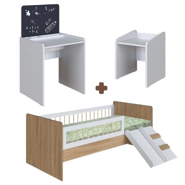 Imagem de Conjunto Escolinha Infantil Com Cama Montessoriana Aveiro Oak Branco Melvin Shop Jm