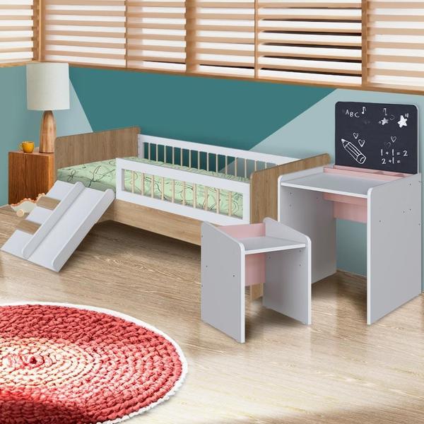 Imagem de Conjunto Escolinha Infantil Com Cama Montessoriana Aveiro Oak Branco Rosa Melvin Shop Jm