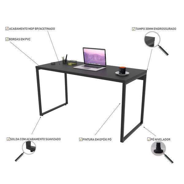 Imagem de Conjunto Escritório Estilo Industrial Mesa 135cm e Estante 60cm 3 Prateleiras Prisma Preto Onix - Mp