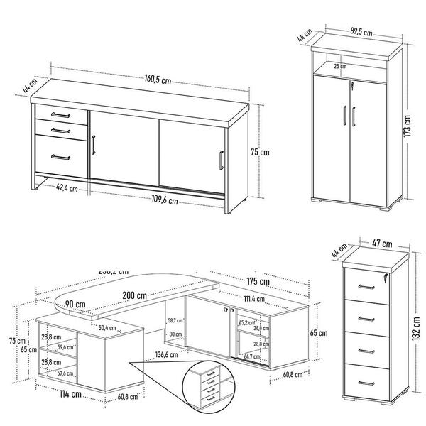 Imagem de Conjunto Escritório Home Office 4 Peças Corp A06 Carvalho/Branco - Mpozenato