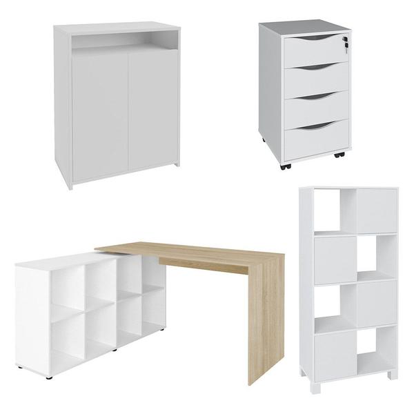 Imagem de Conjunto Escritório Home Office 4 Peças Mity A06 Branco/Carvalho/Branco - Mpozenato