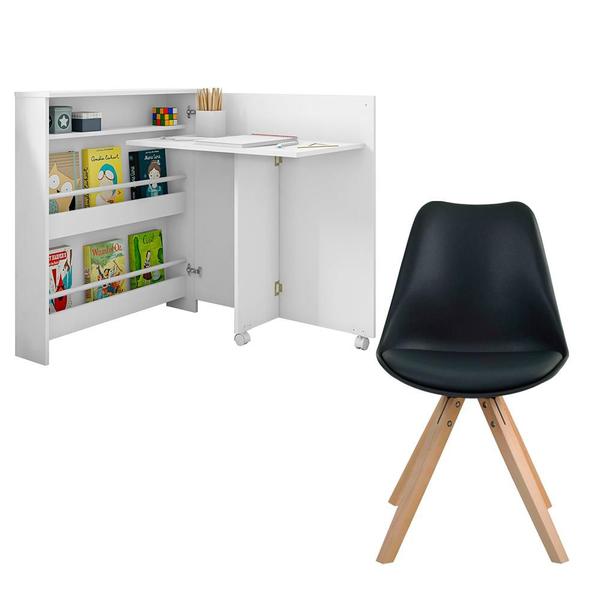 Imagem de Conjunto Escrivaninha Ariana Dobrável Multifuncional e 1 Cadeira Neo Branca/Preta G46 G56 - Gran Belo