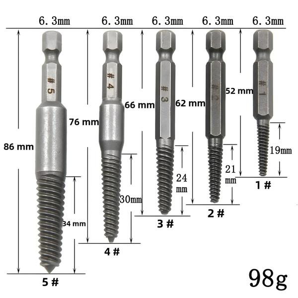 Imagem de Conjunto Extrator de Parafuso de Cabeça Quebrada - Kit com 5 Peças e Haste Hexagonal