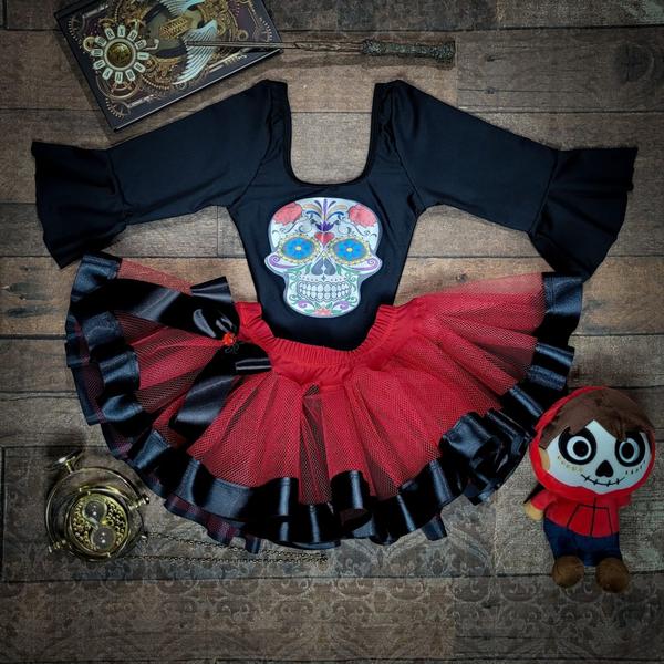 Imagem de Conjunto Fantasia Infantil Body e Saia Halloween Caveira Mexicana (Tam 1 ao 10) COD.000181