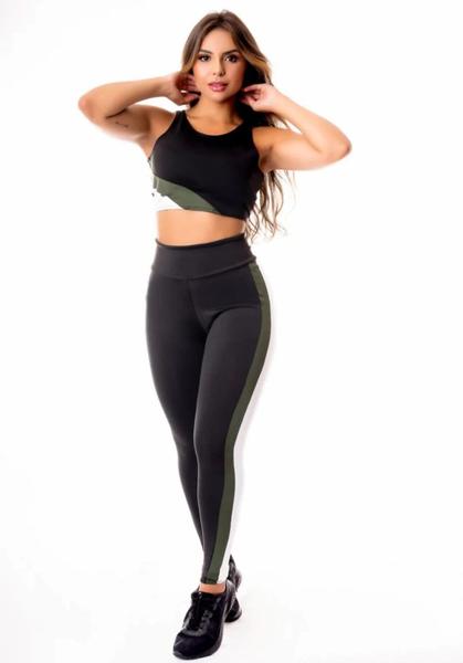 Imagem de Conjunto Feminino Fitness Calça Legging Cintura Alta e Cropped Regata - Preto