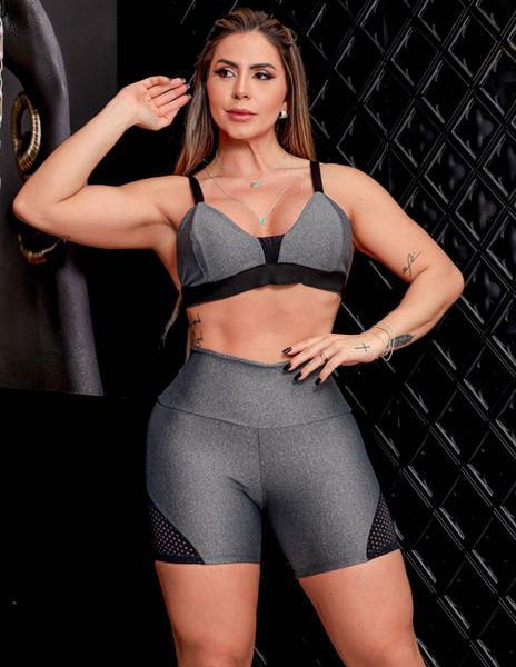 Conjunto Feminino para Academia com Cropped Tela com Bojo Removível e Shortinho - Fitmoda Imagem de Conjunto Feminino para Academia com Cropped Tela com Bojo Removível e Shortinho - Fitmoda