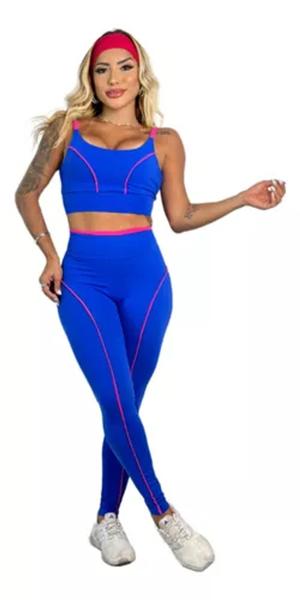 Imagem de Conjunto Fitness Azul Com Vivo Rosa