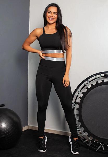 Imagem de  Conjunto Fitness Calça Legging Cintura Alta + Cropped Alcinha Preto com Elásticos