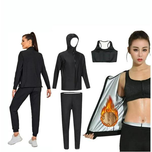 Imagem de Conjunto Fitness Feminino 3 Peças - Calça, Top e Blusa com Capuz - Efeito Sauna Redutor de Medidas P/M