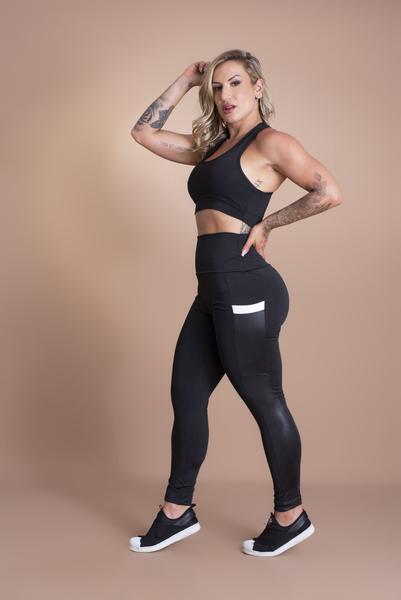 Imagem de Conjunto Fitness Feminino Calça Legging Cintura Alta Com Bolso Lateral Cirrê Couro e Top Liso Básico Nadador Academia F7 NEW STYLE