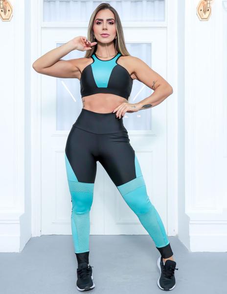 Imagem de Conjunto Fitness Feminino com Top sem Bojo e Calça com Recortes em Tela e Cirrê