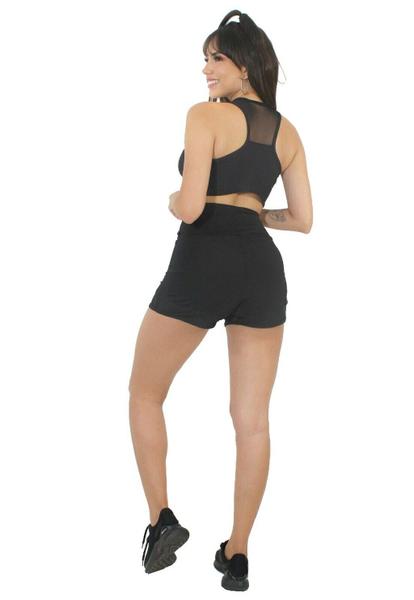 Imagem de Conjunto Fitness Feminino Short Com Tela e Cropped - Preto