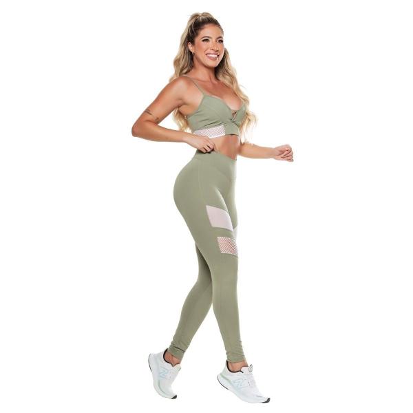 Imagem de Conjunto Fitness Feminino Top Decote V Cavado Legging Compressão Modelador Detalhe Tela UV50+