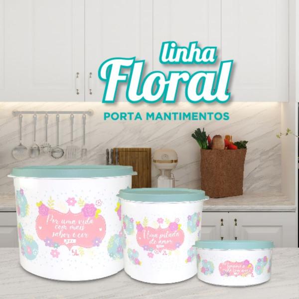 Imagem de Conjunto Floral Pote Porta Mantimentos 2L + Porta Temperos Alimentos Organização Cozinha 1L + Farinheiro - Azul