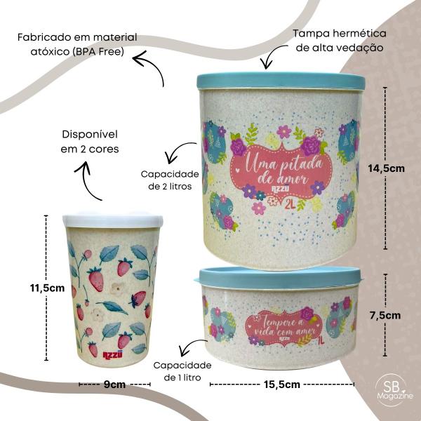 Imagem de Conjunto Floral Pote Porta Mantimentos 2L + Porta Temperos Alimentos Organização Cozinha 1L + Farinheiro - Azul