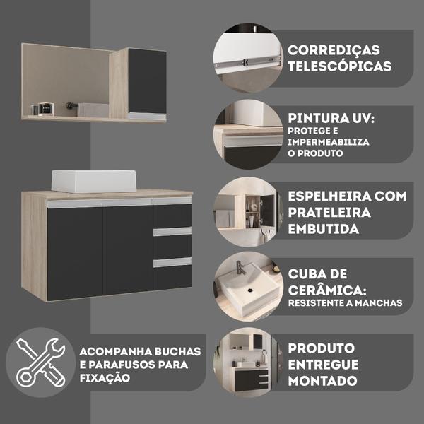 Imagem de Conjunto gabinete banheiro completo prisma 80cm madeirado/preto