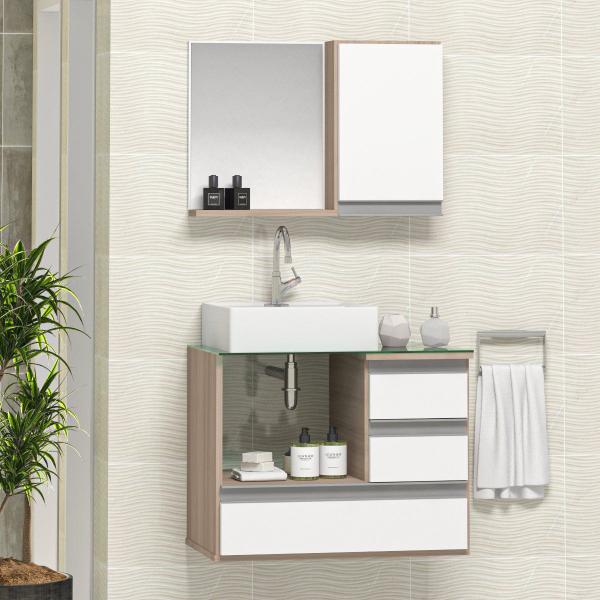 Imagem de Conjunto Gabinete Banheiro POLO 60cm Madeirado/Branco - Gabinete + Cuba + Espelheira + Tampo Vidro